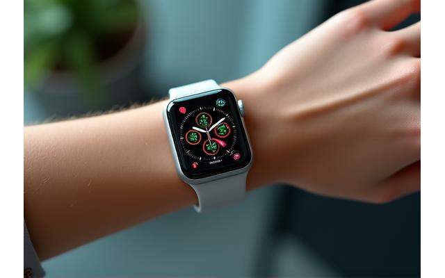 Елегантен Apple Watch на китка, показващ здравни измервания