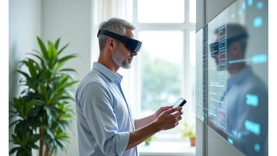 Мъж използва smart watch и VR слушалки, докато медитира в модерна обстановка, демонстриращ технологично подпомогнато здраве.