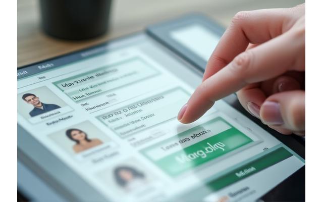 Ръка избиращ терапевт от списък на таблет, символизиращ избора на правилния специалист.